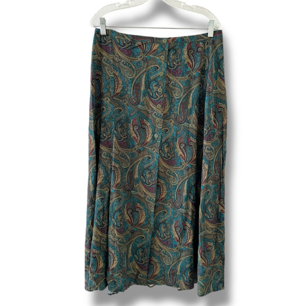 Casual Corner Teal Paisley Midi Skirt with Maroon and Gold Accents